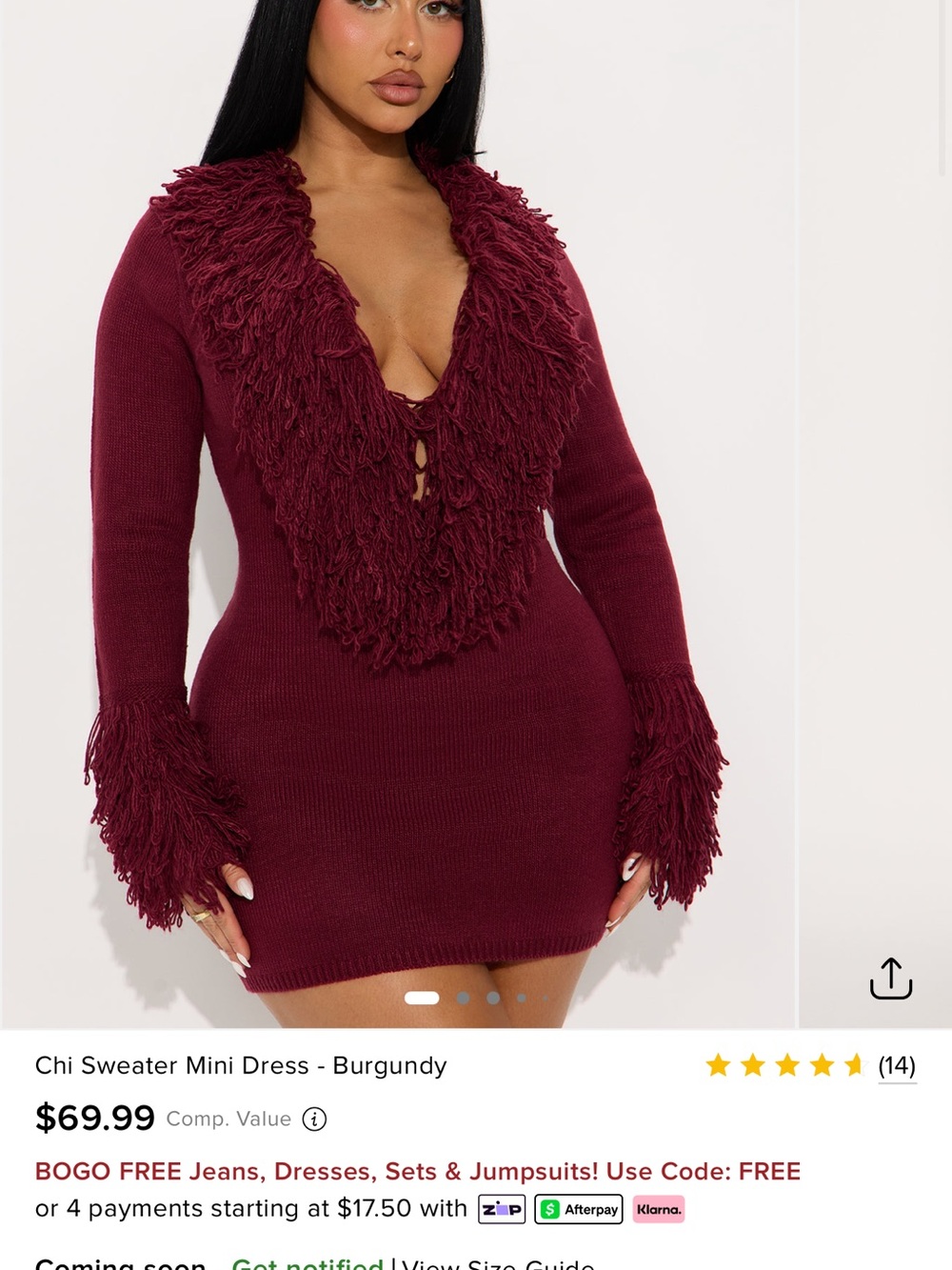 Fashion Nova Burgundy Fringe V‑Neck Sweater Mini Dress